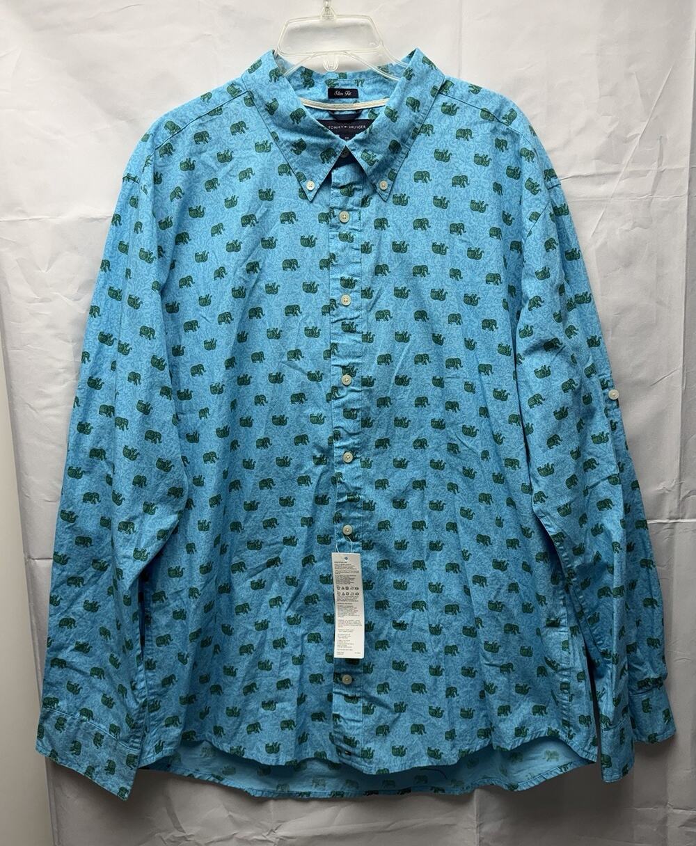 Tommy Hilfiger Elephant Button Down Men Sz 2XL Slim Fit Blue Green Long Sleeve